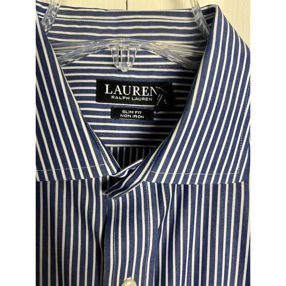 Lauren Ralph Lauren Mens Dress Shirt Size 16 1/2  32/33 Slim Fit Blue Stripe F18 - Picture 3 of 12